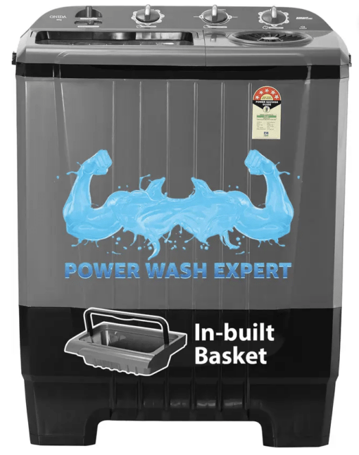 ONIDA 8 kg 5 star Hexafin Pulsator Inbuilt Basket 1450 RPM Semi Automatic Top Load Washing Machine Grey  (SMARTCARE 80SBXG/S80SBXG)#JustHere